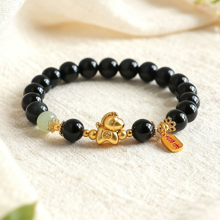 Bracelet de force en Buddha Stones, année du Cheval, jade Hetian, obsidienne noire et agate rouge - Obsidienne noire (Tour de poignet : 14-15 cm) - image 0