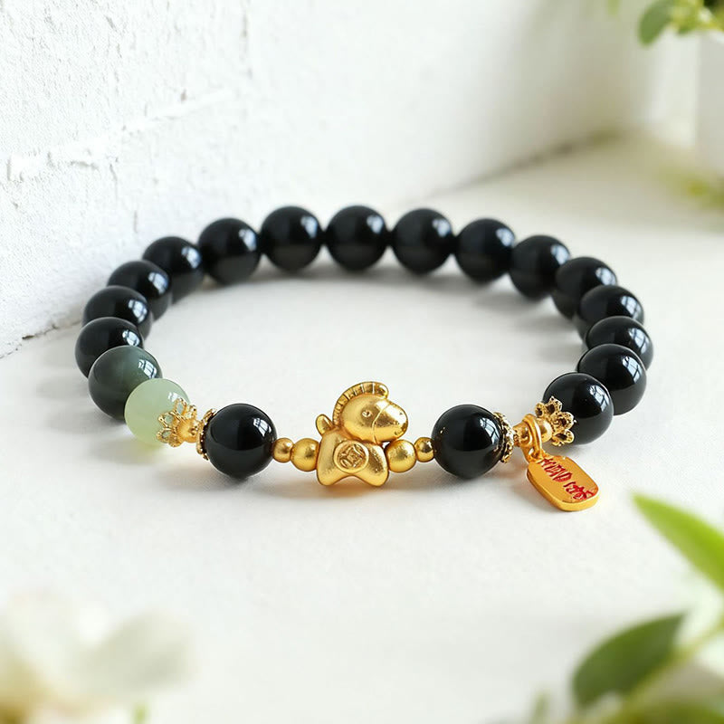 Bracelet de force en Buddha Stones, année du Cheval, jade Hetian, obsidienne noire et agate rouge - image 2