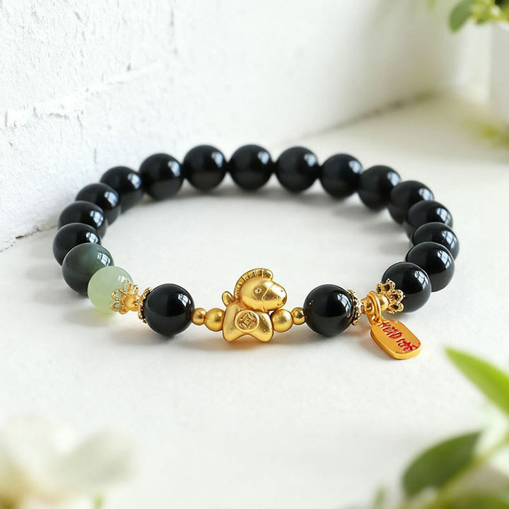 Bracelet de force en Buddha Stones, année du Cheval, jade Hetian, obsidienne noire et agate rouge - image 2