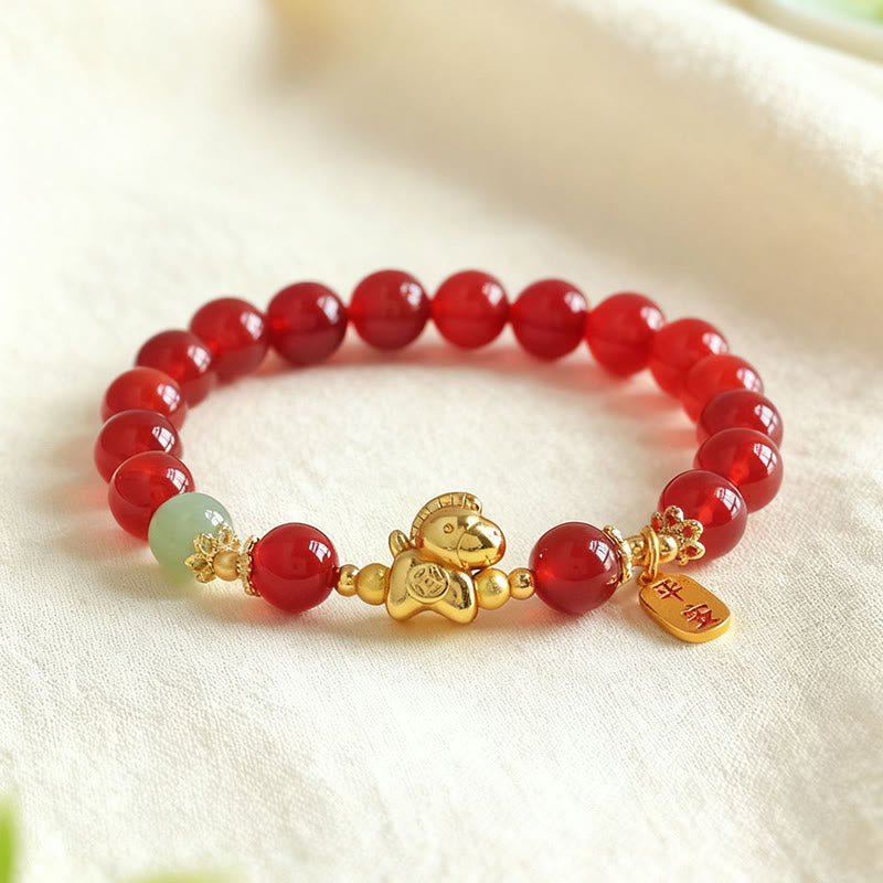Bracelet de force en Buddha Stones, année du Cheval, jade Hetian, obsidienne noire et agate rouge - image 8