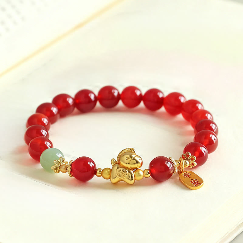 Bracelet de force en Buddha Stones, année du Cheval, jade Hetian, obsidienne noire et agate rouge - Agate rouge (Tour de poignet : 14-15 cm) - image 7
