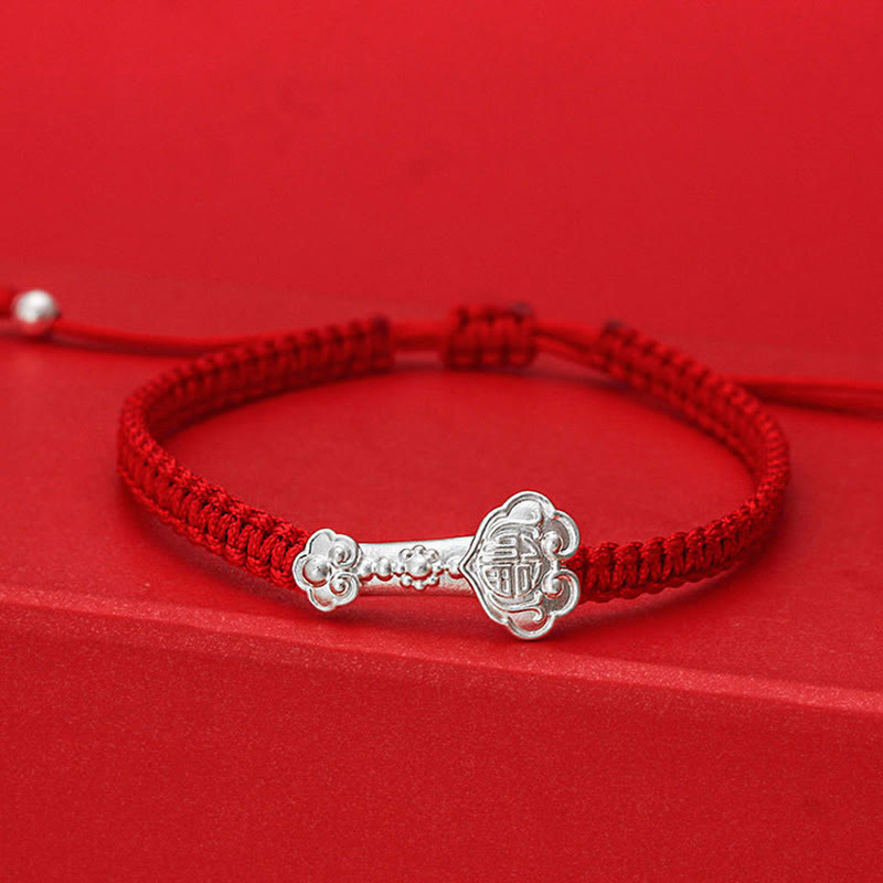 Bracelet tressé en argent sterling 999 Buddha Stones, symbole Ruyi Fu et fil rouge porte-bonheur - Cordon rouge (Tour de poignet : 19-20 cm) - image 0