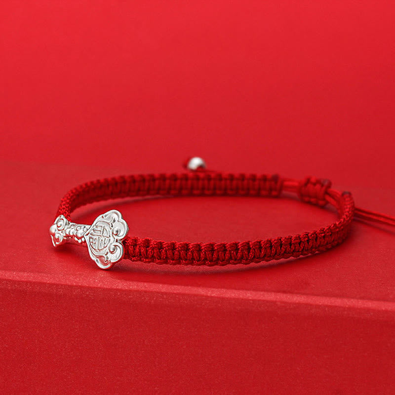 Bracelet tressé en argent sterling 999 Buddha Stones, symbole Ruyi Fu et fil rouge porte-bonheur - image 1