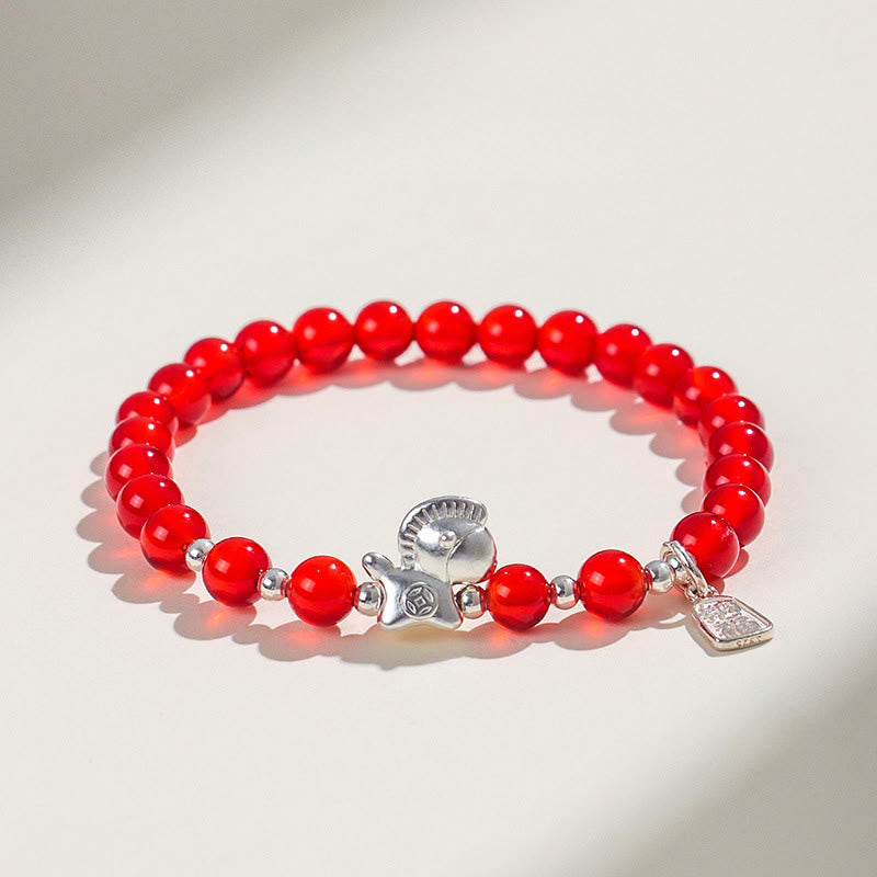 Bracelet de l'Année du Cheval en Obsidienne Noire, Agate Rouge, Cristal Rose et Argent, Buddha Stones - Agate rouge (Tour de poignet : 14-15 cm) - image 3