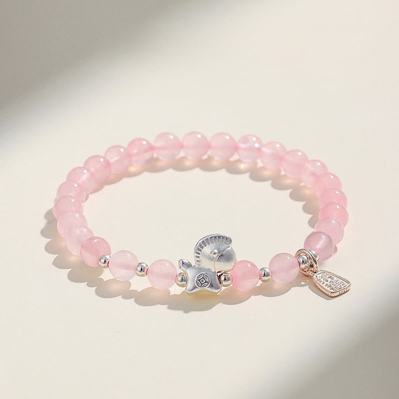 Bracelet de l'Année du Cheval en Obsidienne Noire, Agate Rouge, Cristal Rose et Argent, Buddha Stones - Cristal rose (Tour de poignet : 14-15 cm) - image 9