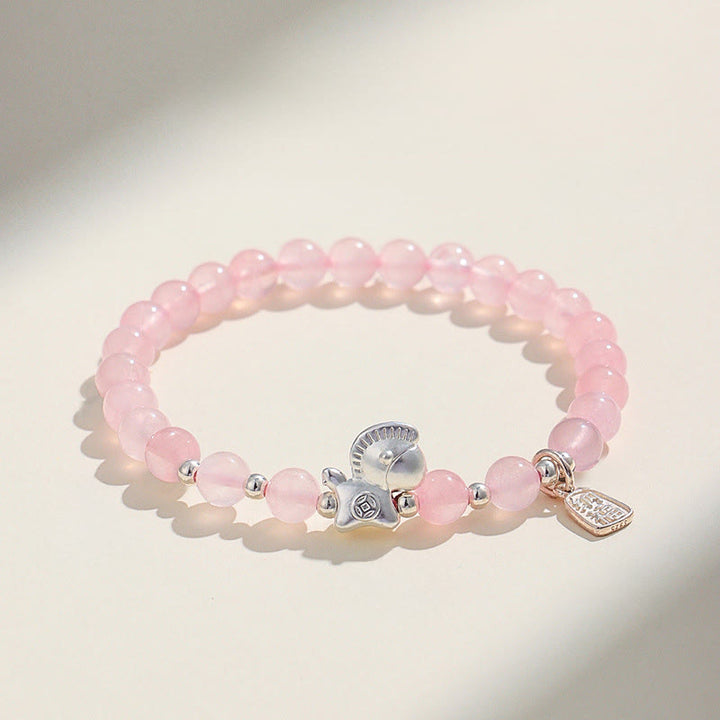 Bracelet de l'Année du Cheval en Obsidienne Noire, Agate Rouge, Cristal Rose et Argent, Buddha Stones - Cristal rose (Tour de poignet : 14-15 cm) - image 9