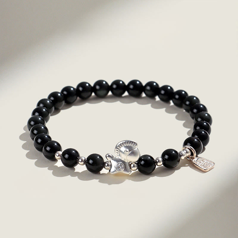 Bracelet de l'Année du Cheval en Obsidienne Noire, Agate Rouge, Cristal Rose et Argent, Buddha Stones - Obsidienne noire (Tour de poignet : 14-15 cm) - image 0