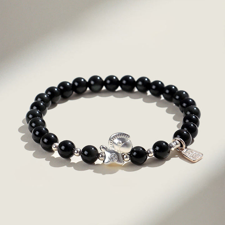Bracelet de l'Année du Cheval en Obsidienne Noire, Agate Rouge, Cristal Rose et Argent, Buddha Stones - Obsidienne noire (Tour de poignet : 14-15 cm) - image 0