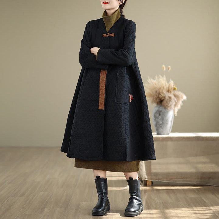 Manteau mi-long en coton pour femme, motif losanges et Buddha Stones , avec poches - image 3