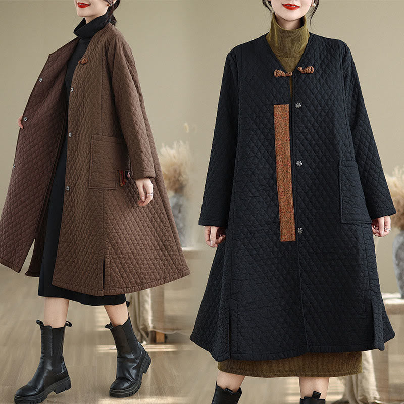 Manteau mi-long en coton pour femme, motif losanges et Buddha Stones , avec poches - image 8