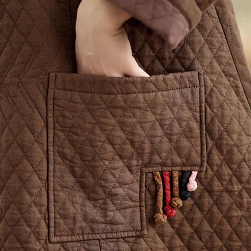 Manteau mi-long en coton pour femme, motif losanges et Buddha Stones , avec poches - image 19