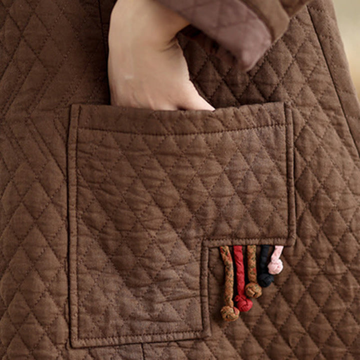 Manteau mi-long en coton pour femme, motif losanges et Buddha Stones , avec poches - image 19