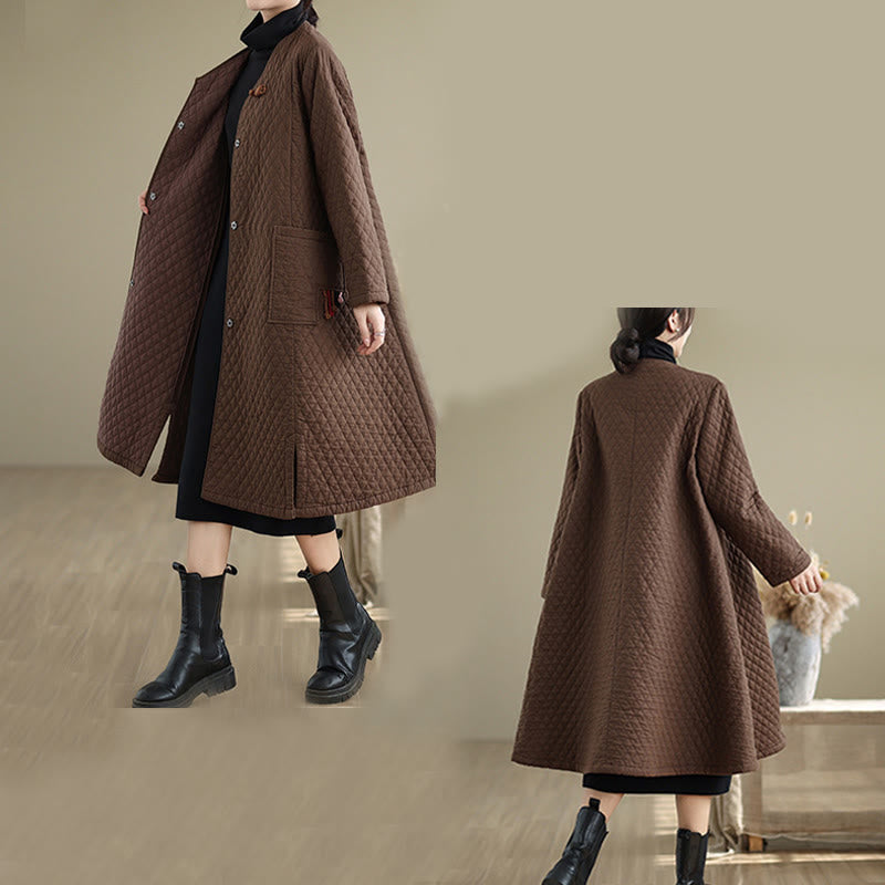 Manteau mi-long en coton pour femme, motif losanges et Buddha Stones , avec poches - image 13