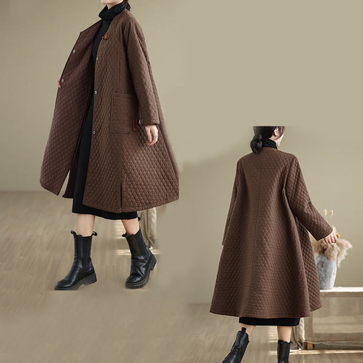 Manteau mi-long en coton pour femme, motif losanges et Buddha Stones , avec poches - image 13