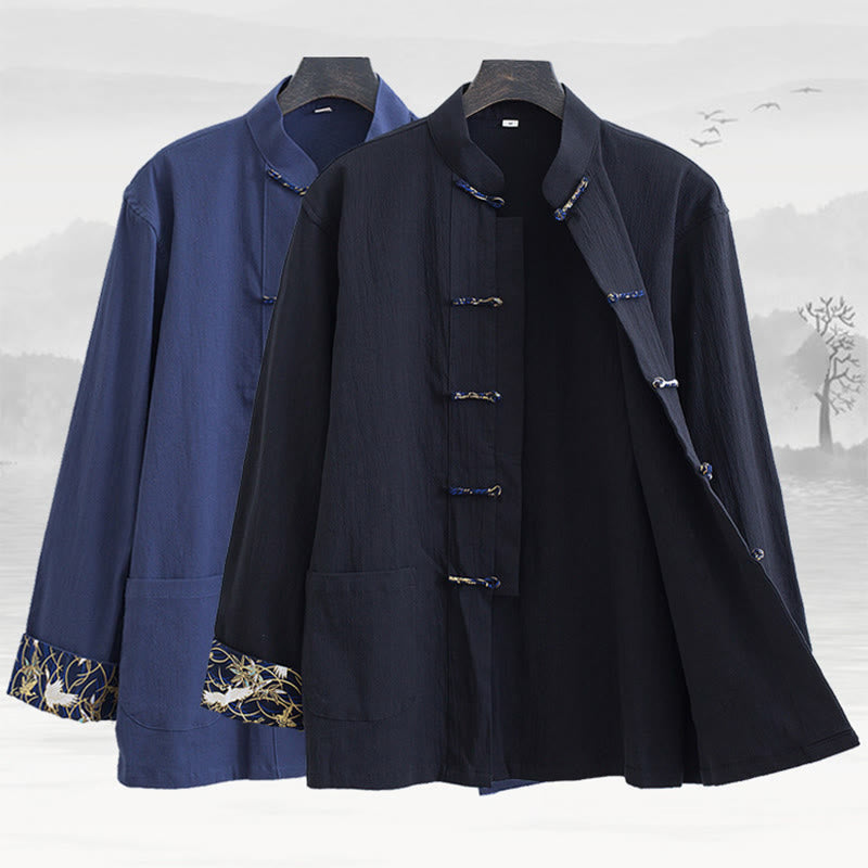 Veste à manches longues pour homme en coton et lin, motif grues printanières et Buddha Stones - image 1