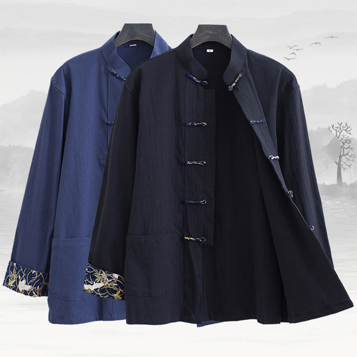 Veste à manches longues pour homme en coton et lin, motif grues printanières et Buddha Stones - image 1