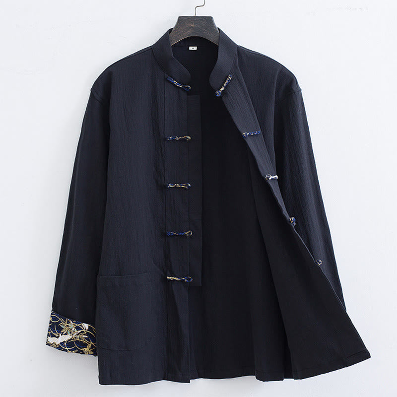 Veste à manches longues pour homme en coton et lin, motif grues printanières et Buddha Stones - Noir - US/UK/AU52，EU62 (8XL) - image 0