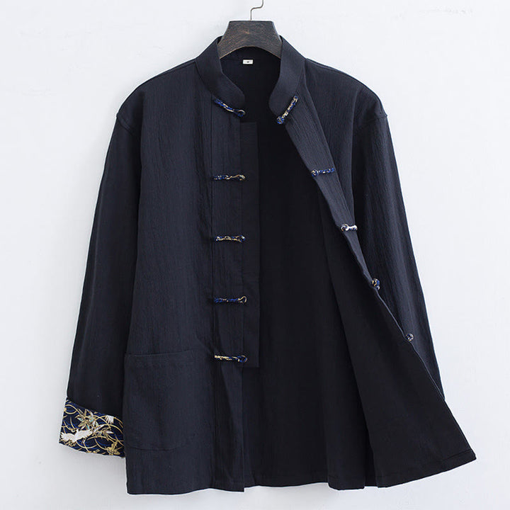 Veste à manches longues pour homme en coton et lin, motif grues printanières et Buddha Stones - Noir - US/UK/AU52，EU62 (8XL) - image 0