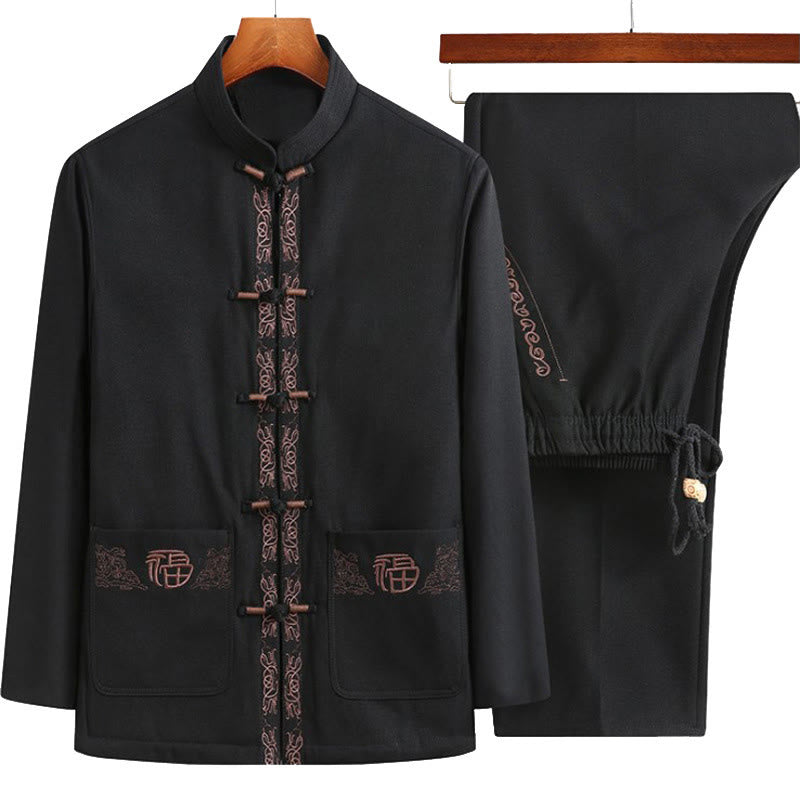 Costume Tang à boutons grenouille, veste, chemise et pantalon à manches longues pour homme, orné de broderies en forme de caractère Fu et de Buddha Stones - Veste noire + pantalon noir - US/UK/AU44，EU54 (4XL) - image 0