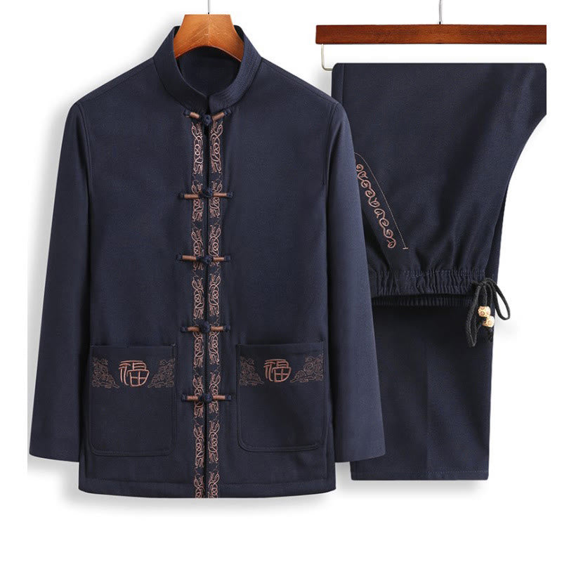 Costume Tang à boutons grenouille, veste, chemise et pantalon à manches longues pour homme, orné de broderies en forme de caractère Fu et de Buddha Stones - Veste bleu acier + pantalon noir - US/UK/AU44，EU54 (4XL) - image 5
