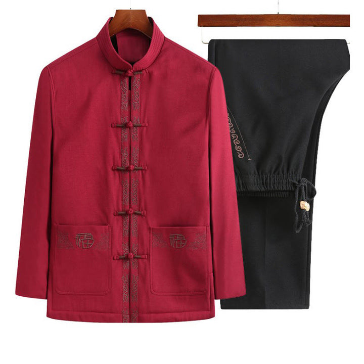 Costume Tang à boutons grenouille, veste, chemise et pantalon à manches longues pour homme, orné de broderies en forme de caractère Fu et de Buddha Stones - Veste rouge + pantalon noir - US/UK/AU44，EU54 (4XL) - image 7