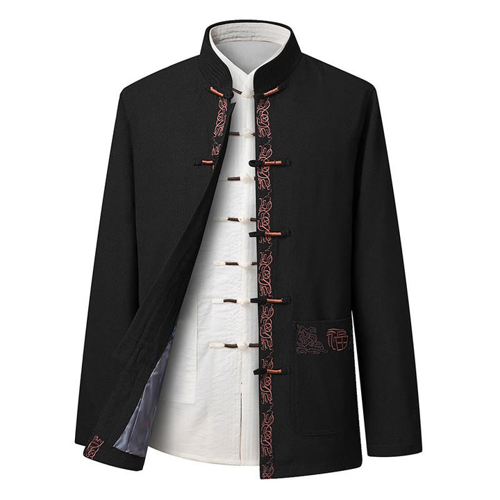 Costume Tang à boutons grenouille, veste, chemise et pantalon à manches longues pour homme, orné de broderies en forme de caractère Fu et de Buddha Stones - Veste noire (veste uniquement) - US/UK/AU44，EU54 (4XL) - image 8