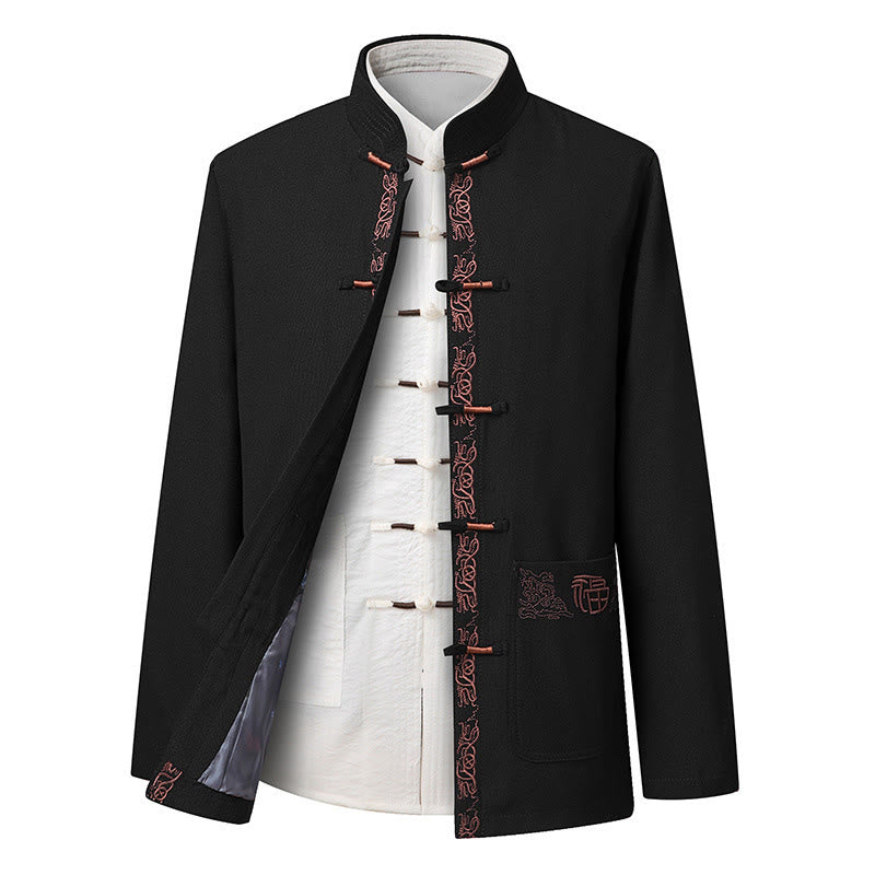 Costume Tang à boutons grenouille, veste, chemise et pantalon à manches longues pour homme, orné de broderies en forme de caractère Fu et de Buddha Stones - Veste noire (veste uniquement) - US/UK/AU44，EU54 (4XL) - image 8