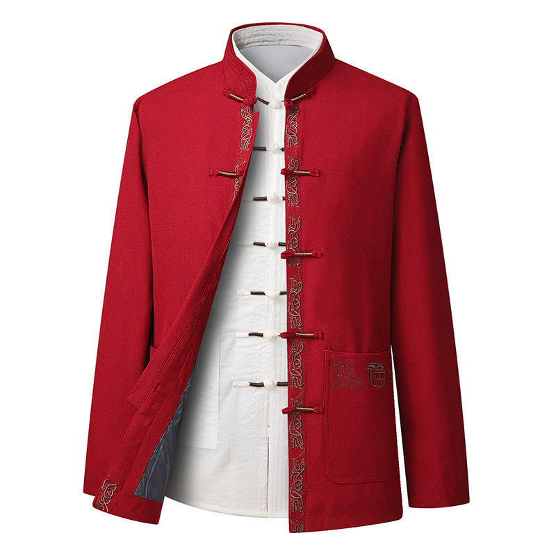 Costume Tang à boutons grenouille, veste, chemise et pantalon à manches longues pour homme, orné de broderies en forme de caractère Fu et de Buddha Stones - Veste rouge (veste seulement) - US/UK/AU44，EU54 (4XL) - image 10