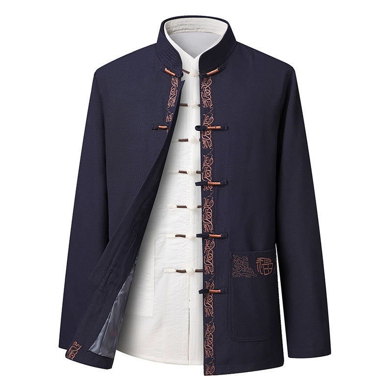 Costume Tang à boutons grenouille, veste, chemise et pantalon à manches longues pour homme, orné de broderies en forme de caractère Fu et de Buddha Stones - Veste SteelBlue (Veste uniquement) - US/UK/AU44，EU54 (4XL) - image 9