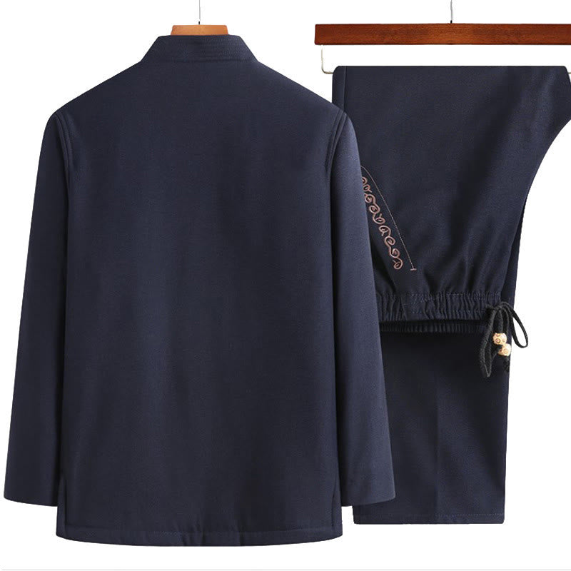 Costume Tang à boutons grenouille, veste, chemise et pantalon à manches longues pour homme, orné de broderies en forme de caractère Fu et de Buddha Stones - image 6
