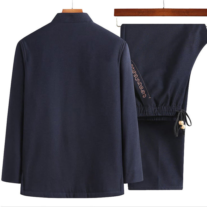 Costume Tang à boutons grenouille, veste, chemise et pantalon à manches longues pour homme, orné de broderies en forme de caractère Fu et de Buddha Stones - image 6