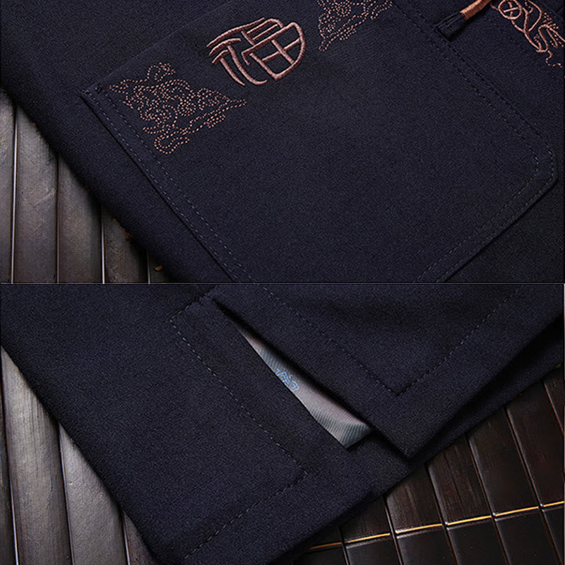 Costume Tang à boutons grenouille, veste, chemise et pantalon à manches longues pour homme, orné de broderies en forme de caractère Fu et de Buddha Stones - image 3