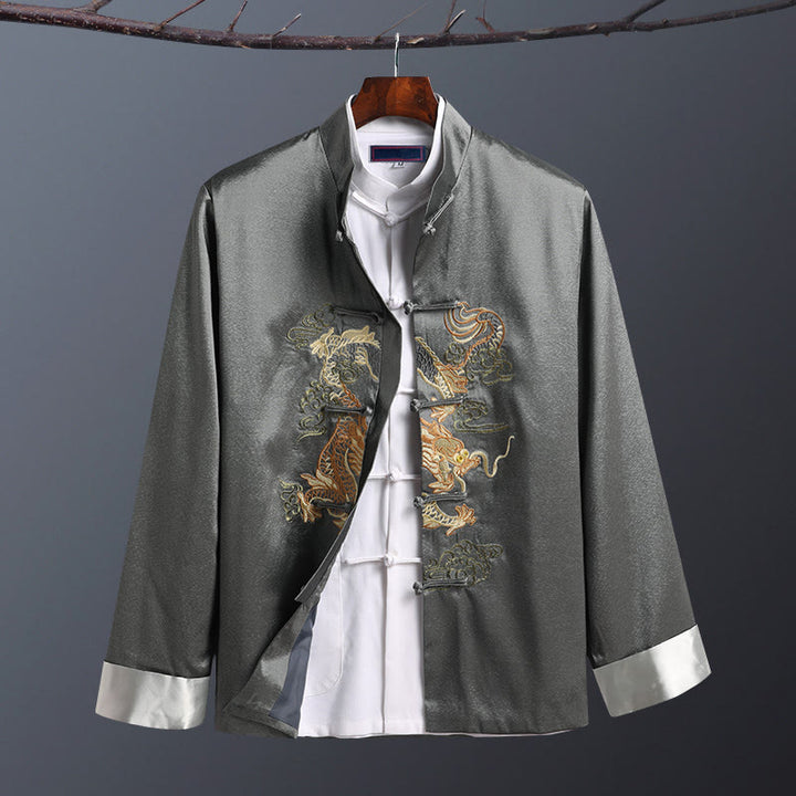 Veste homme à manches longues, broderie dragon, Buddha Stones, printemps et automne, fermeture à boutons grenouille - Un Dragon Gris - US/UK/AU42，EU52 (3XL) - image 0