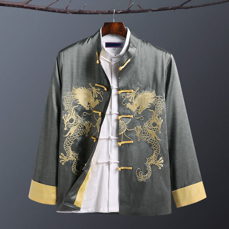 Veste homme à manches longues, broderie dragon, Buddha Stones, printemps et automne, fermeture à boutons grenouille - Double Dragon Gris - US/UK/AU42，EU52 (3XL) - image 9
