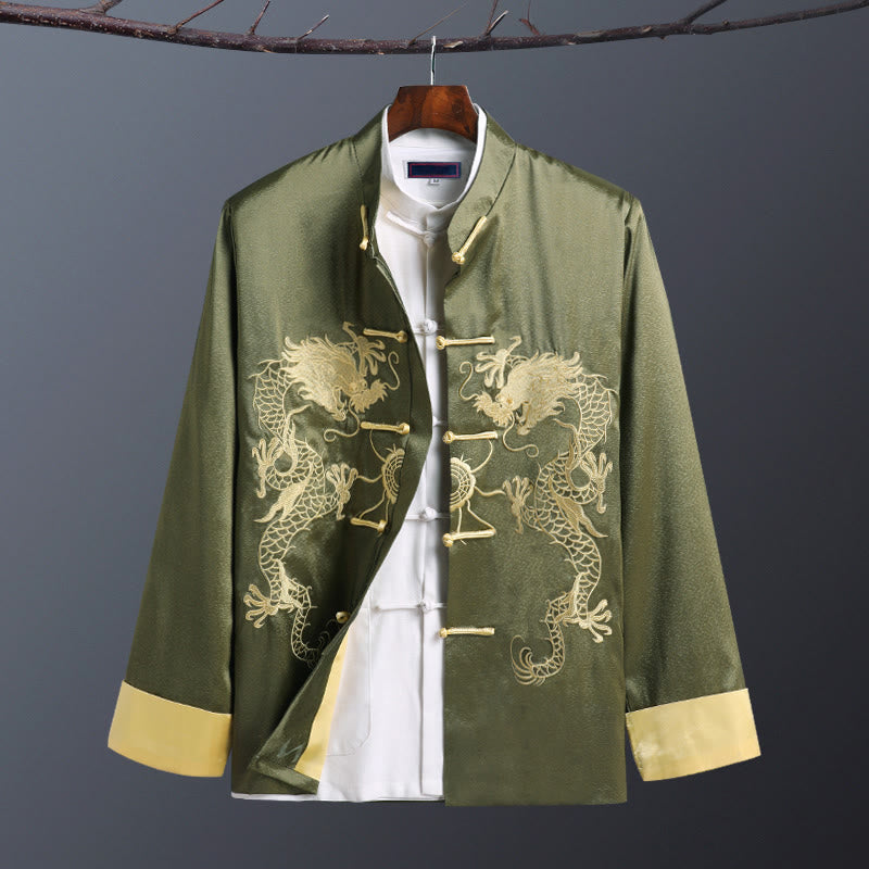Veste homme à manches longues, broderie dragon, Buddha Stones, printemps et automne, fermeture à boutons grenouille - Double Dragon Vert - US/UK/AU42，EU52 (3XL) - image 11