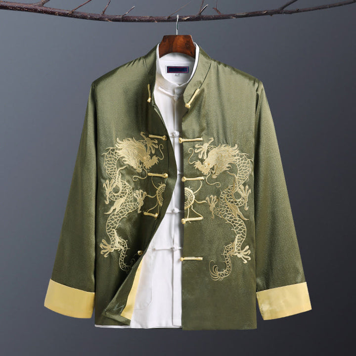 Veste homme à manches longues, broderie dragon, Buddha Stones, printemps et automne, fermeture à boutons grenouille - Double Dragon Vert - US/UK/AU42，EU52 (3XL) - image 11