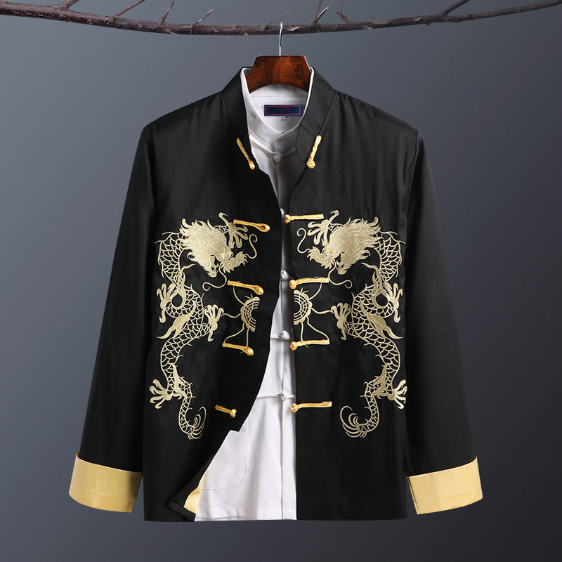 Veste homme à manches longues, broderie dragon, Buddha Stones, printemps et automne, fermeture à boutons grenouille - Double Dragon Noir - US/UK/AU42，EU52 (3XL) - image 12