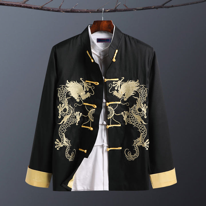 Veste homme à manches longues, broderie dragon, Buddha Stones, printemps et automne, fermeture à boutons grenouille - Double Dragon Noir - US/UK/AU42，EU52 (3XL) - image 12