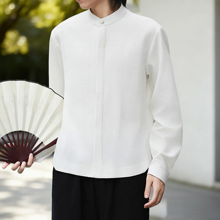 Chemise homme en coton et lin à manches longues, couleur blanche unie , Buddha Stones, style kimono en velours côtelé. - image 2