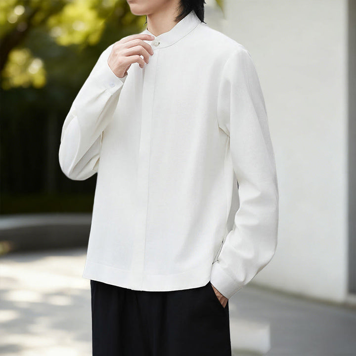 Chemise homme en coton et lin à manches longues, couleur blanche unie , Buddha Stones, style kimono en velours côtelé. - image 5