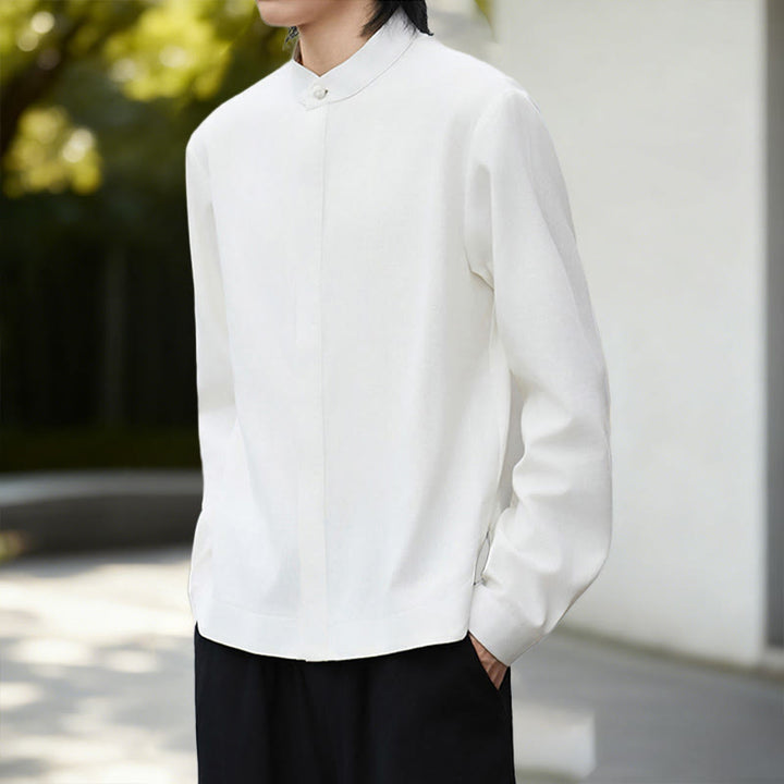 Chemise homme en coton et lin à manches longues, couleur blanche unie , Buddha Stones, style kimono en velours côtelé. - image 6