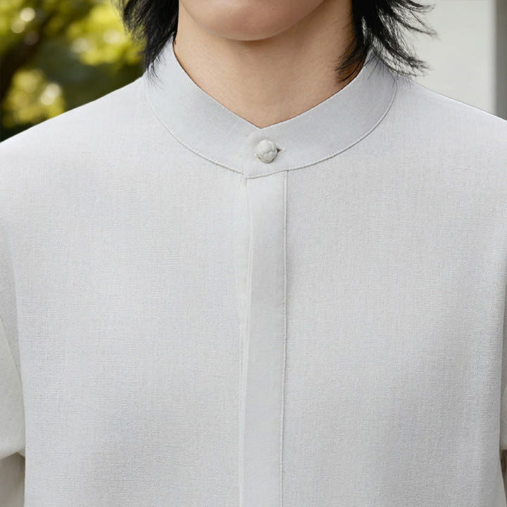 Chemise homme en coton et lin à manches longues, couleur blanche unie , Buddha Stones, style kimono en velours côtelé. - image 8