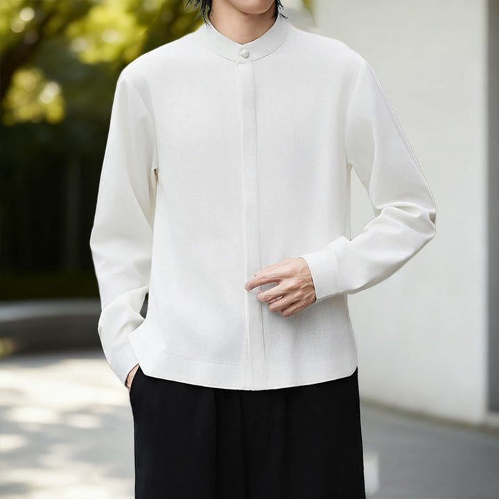 Chemise homme en coton et lin à manches longues, couleur blanche unie , Buddha Stones, style kimono en velours côtelé. - image 7