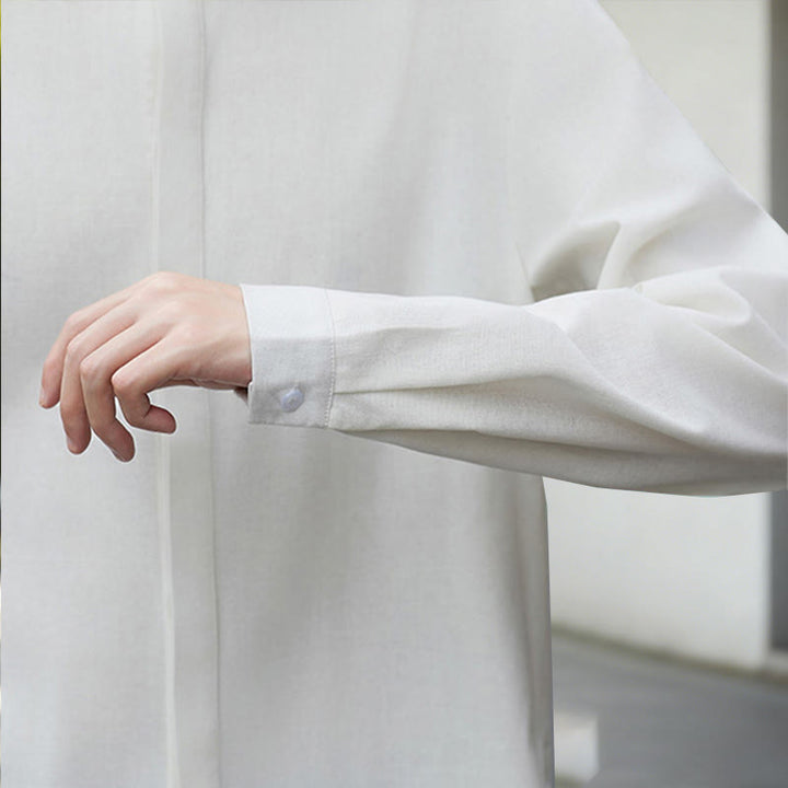 Chemise homme en coton et lin à manches longues, couleur blanche unie , Buddha Stones, style kimono en velours côtelé. - image 9