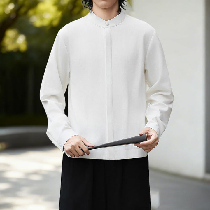 Chemise à manches longues pour homme, motif pierres de Bouddha, blanche unie, en coton et lin, motif Buddha Stones. - Chemise blanche - US/UK/AU46，EU56 (5XL) - image 0