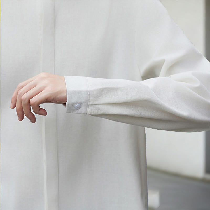 Chemise homme en coton et lin à manches longues, couleur blanche unie , Buddha Stones, style kimono en velours côtelé. - image 9