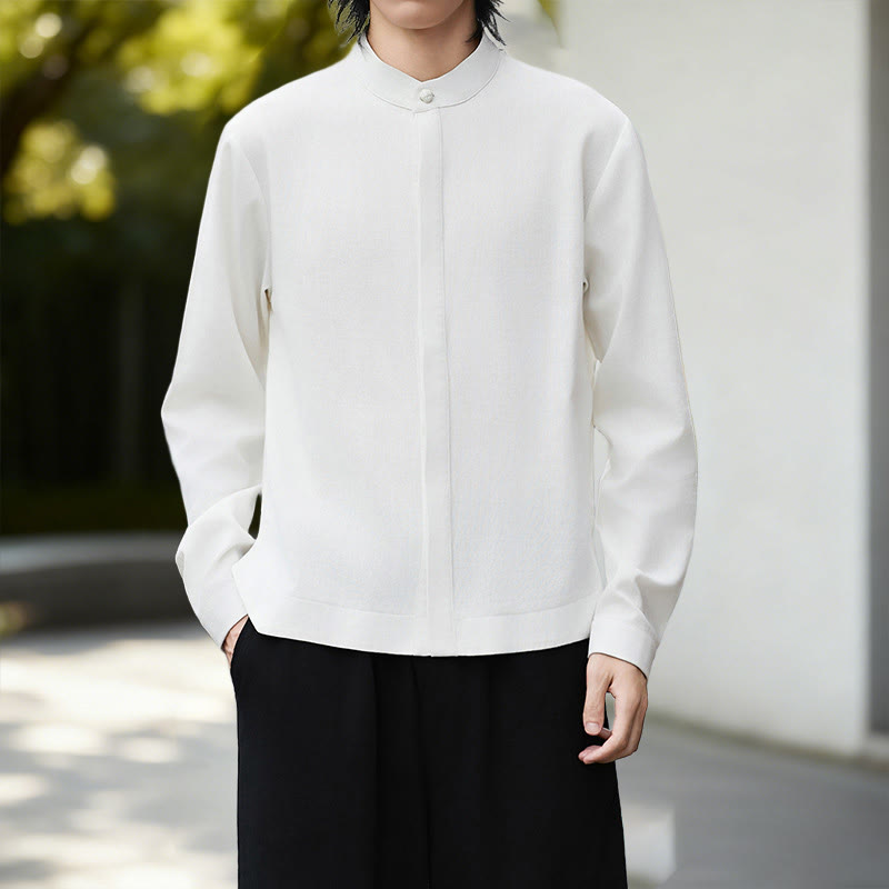 Chemise à manches longues pour homme, motif pierres de Bouddha, blanche unie, en coton et lin, motif Buddha Stones. - image 1