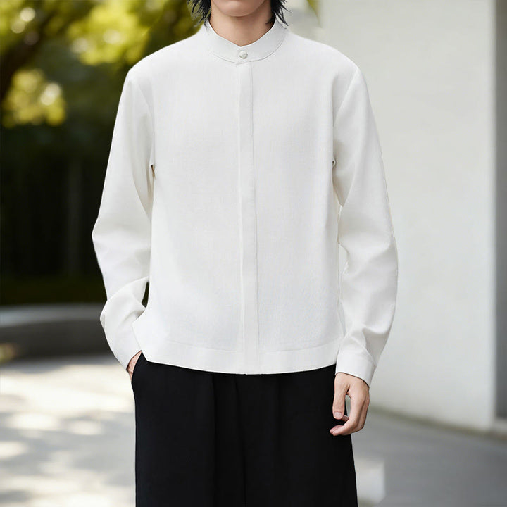 Chemise à manches longues pour homme, motif pierres de Bouddha, blanche unie, en coton et lin, motif Buddha Stones. - image 1
