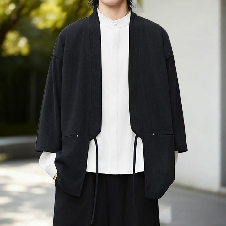 Chemise kimono homme en coton et lin, couleur unie, à manches longues, motif Buddha Stones - image 1