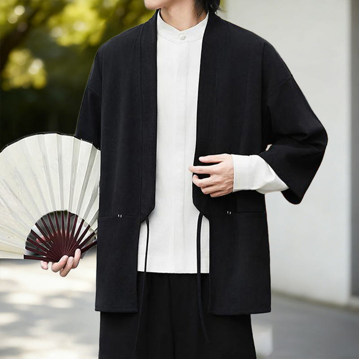 Chemise kimono homme en coton et lin, couleur unie, à manches longues, motif Buddha Stones - image 2